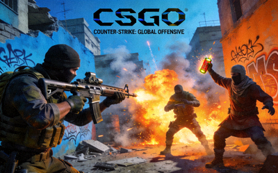 CSGO游戏封面图，展示反恐精英与恐怖分子战术对抗场景