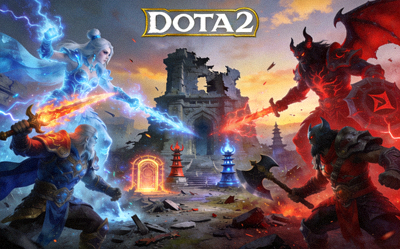DOTA2游戏封面图，展示天辉夜魇远古遗迹攻防战场